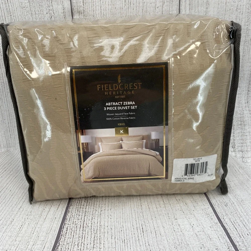 Fieldcrest Heritage Duvet Set King Flax Abstract Zebra Jacquard Textured Safari
